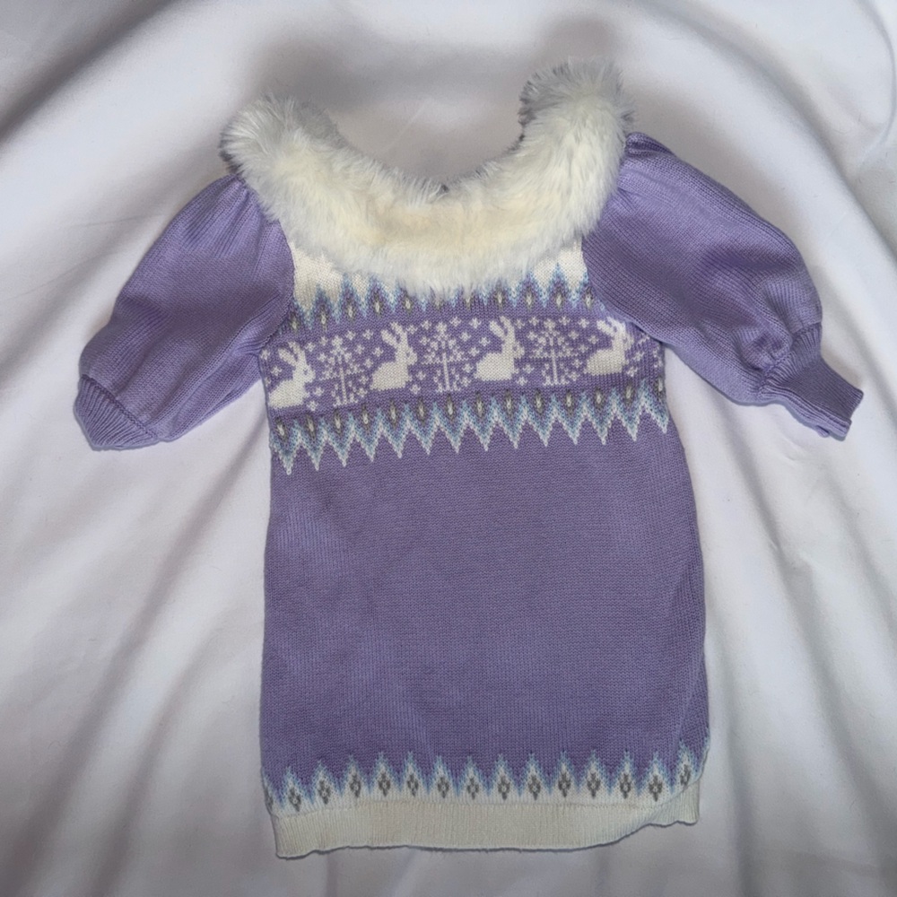 Janie and Jack Lavender Knit Dress with White Faux Fur Collar size 3-6 months